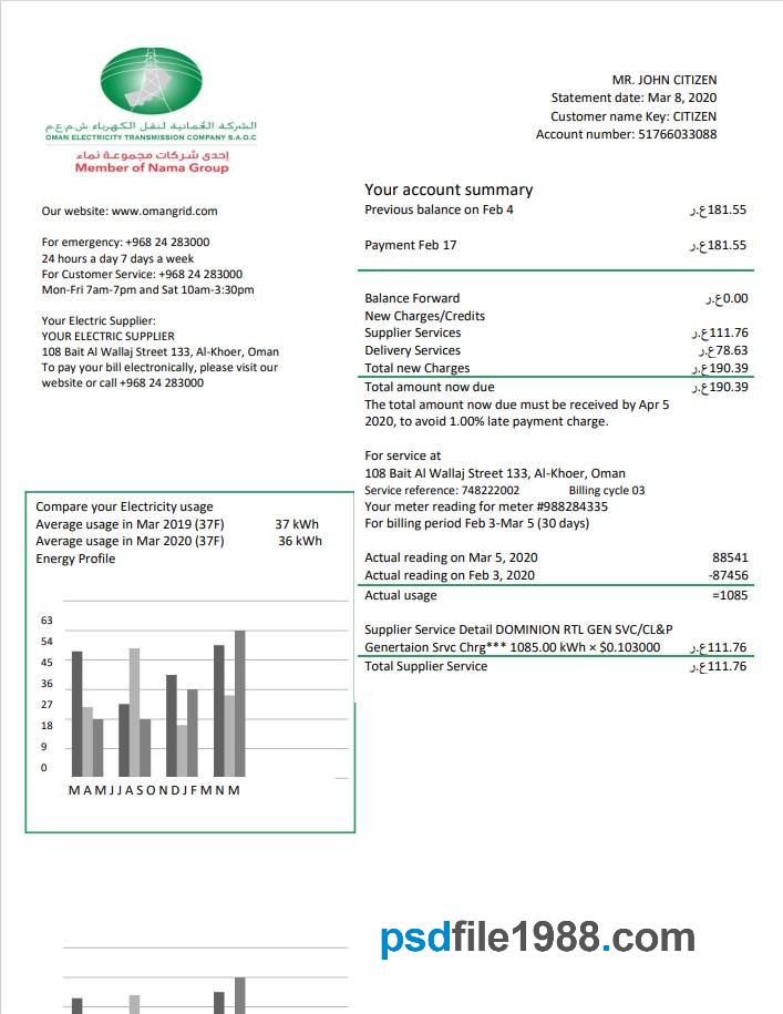 Oman Electricity Transmission Company Electricity Utility Bill